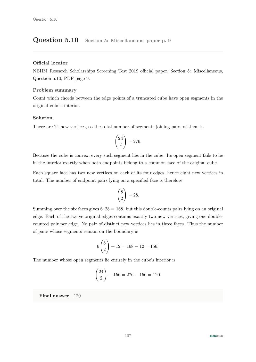 NBHM Doctoral 2019 Worked Solutions, preview page 6 of 6: Question 5.10 solution counting interior cube chords by face incidence and inclusion-exclusion.