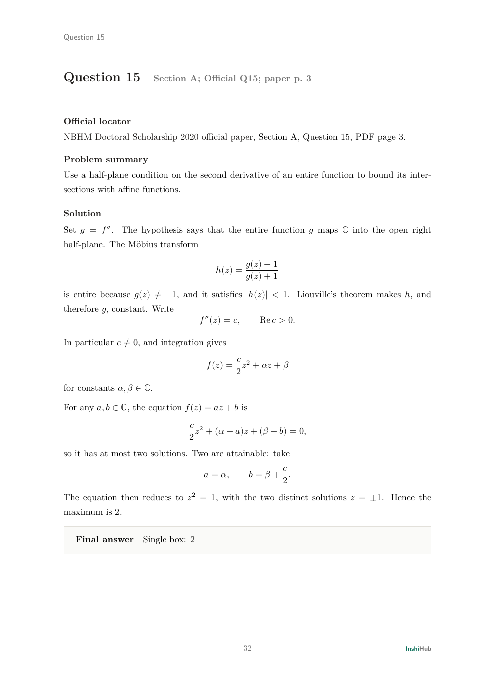 NBHM Doctoral 2020 Worked Solutions, preview page 2 of 6: Question 15 solution using a half-plane transform and Liouville's theorem.