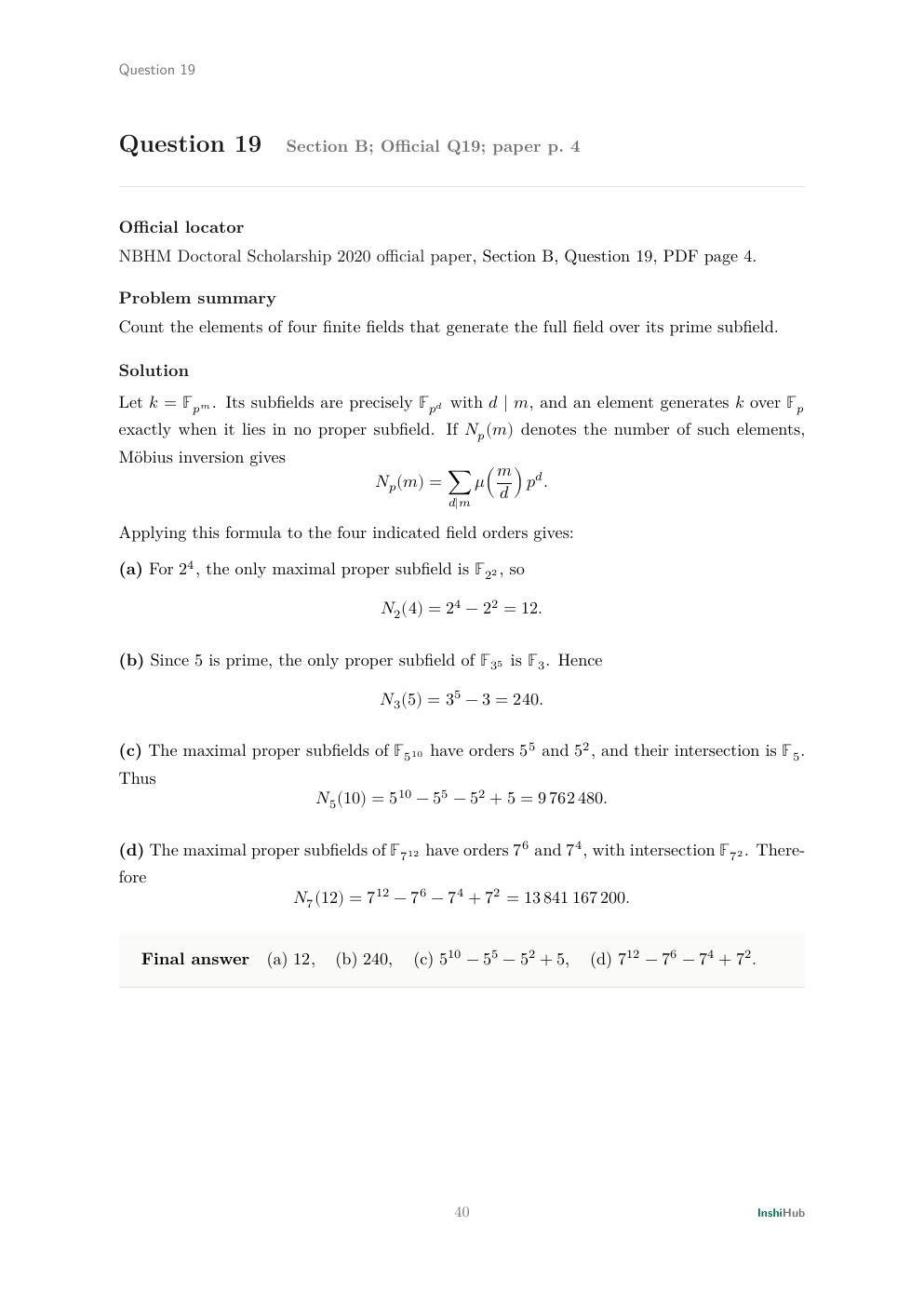 NBHM Doctoral 2020 Worked Solutions, preview page 3 of 6: Question 19 solution counting full-degree generators of four finite fields.