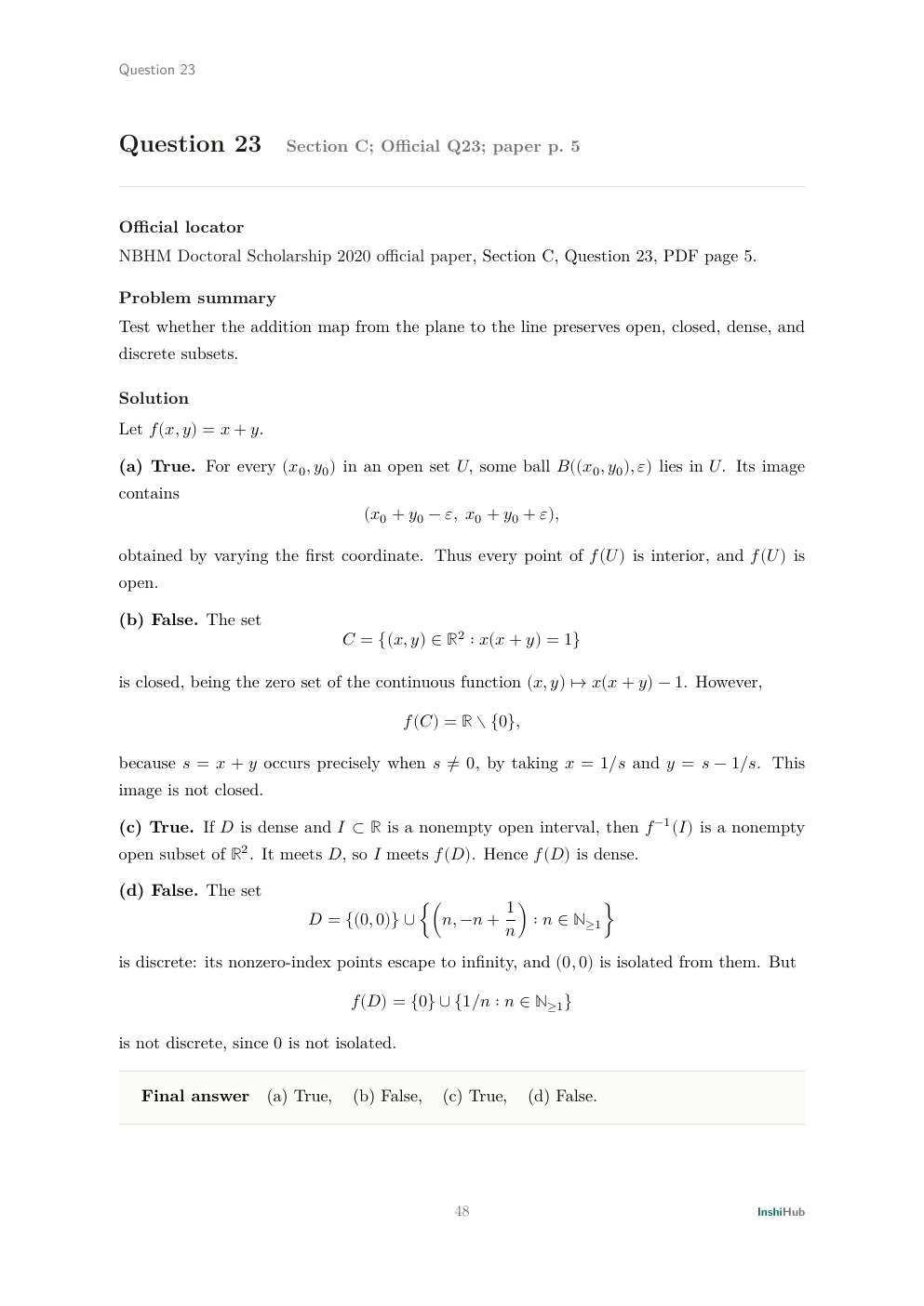 NBHM Doctoral 2020 Worked Solutions, preview page 4 of 6: Question 23 solution testing how a linear map treats open, closed, dense, and discrete sets.