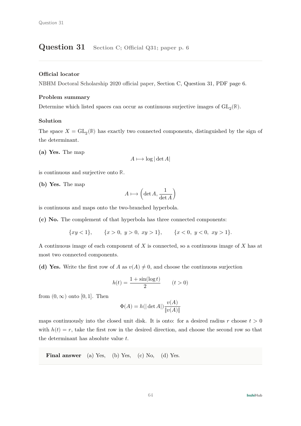 NBHM Doctoral 2020 Worked Solutions, preview page 5 of 6: Question 31 solution constructing continuous images of the real general linear group.