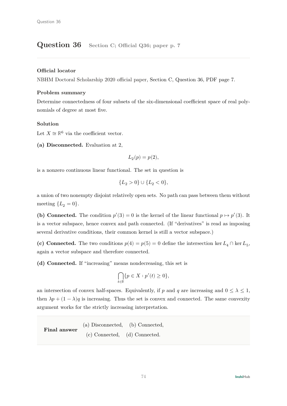 NBHM Doctoral 2020 Worked Solutions, preview page 6 of 6: Question 36 solution classifying connected subsets of a polynomial coefficient space.