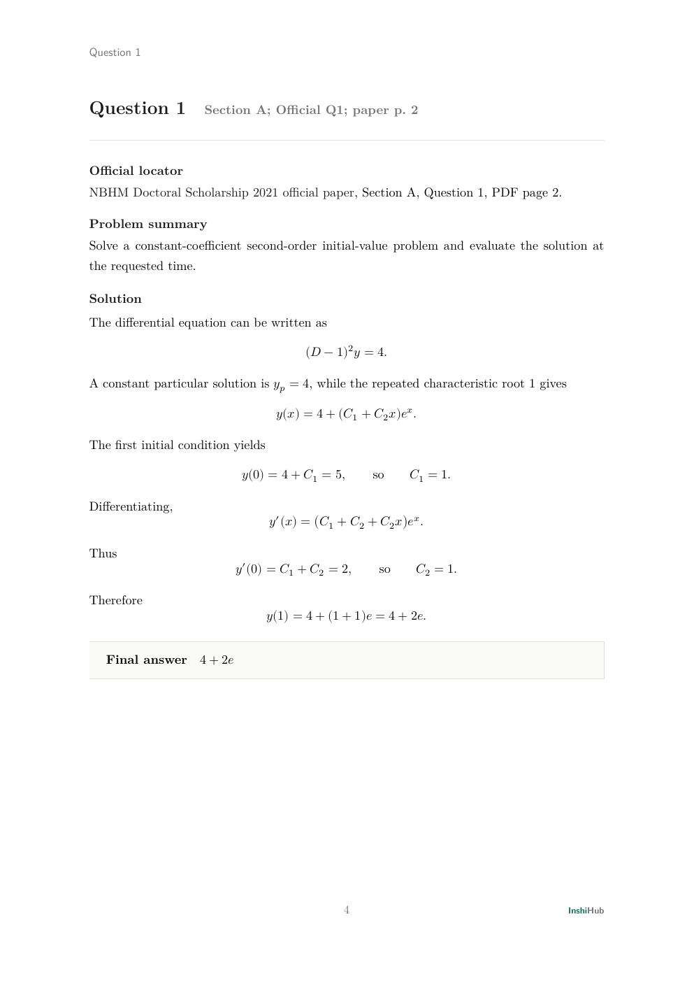 NBHM Doctoral 2021 Worked Solutions, preview page 1 of 6: Question 1 solution to a forced differential equation with a repeated characteristic root.