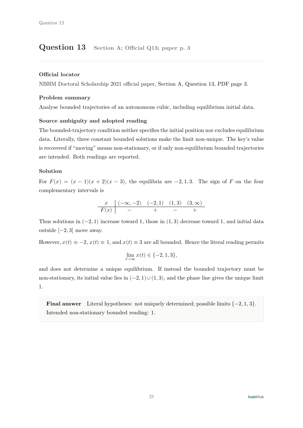 NBHM Doctoral 2021 Worked Solutions, preview page 2 of 6: Question 13 solution separating literal equilibrium cases from the intended non-stationary reading.