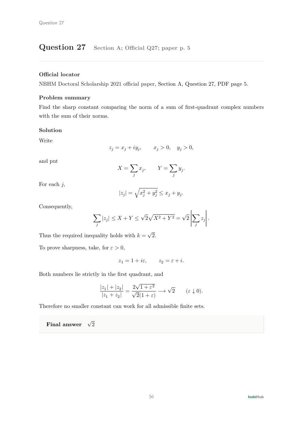 NBHM Doctoral 2021 Worked Solutions, preview page 3 of 6: Question 27 solution establishing the sharp norm inequality for vectors in the first quadrant.