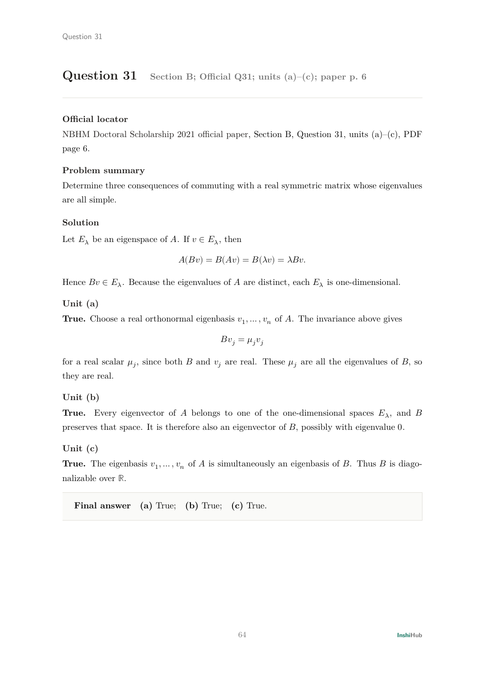 NBHM Doctoral 2021 Worked Solutions, preview page 4 of 6: Question 31 solution analysing three consequences of commuting with a simple-spectrum symmetric matrix.