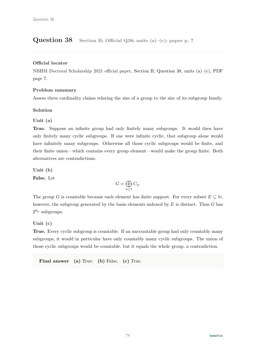 NBHM Doctoral 2021 Worked Solutions, preview page 5 of 6: Question 38 solution testing three subgroup-cardinality assertions with proofs and a counterexample.