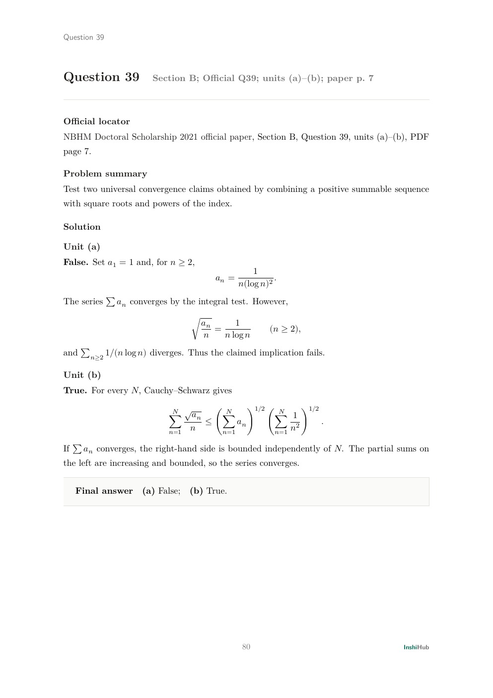 NBHM Doctoral 2021 Worked Solutions, preview page 6 of 6: Question 39 solution comparing two convergence implications for positive-term series.