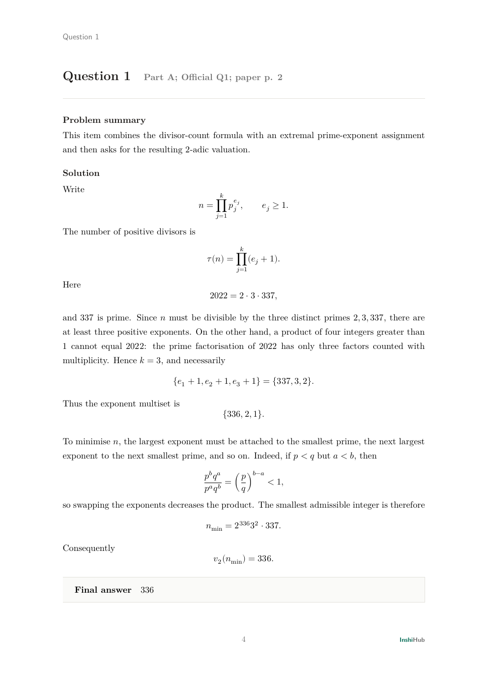 NBHM Doctoral 2022 Worked Solutions, preview page 1 of 6: Question 1 solution combining the divisor-count formula with an exchange argument for the least admissible integer.