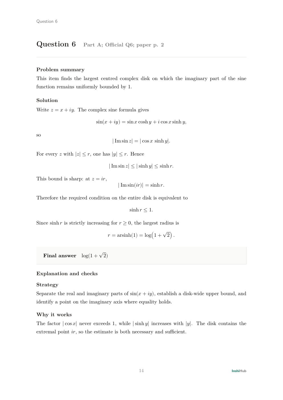 NBHM Doctoral 2022 Worked Solutions, preview page 2 of 6: Question 6 solution locating the sharp imaginary-part bound for the complex sine on a centred disc.