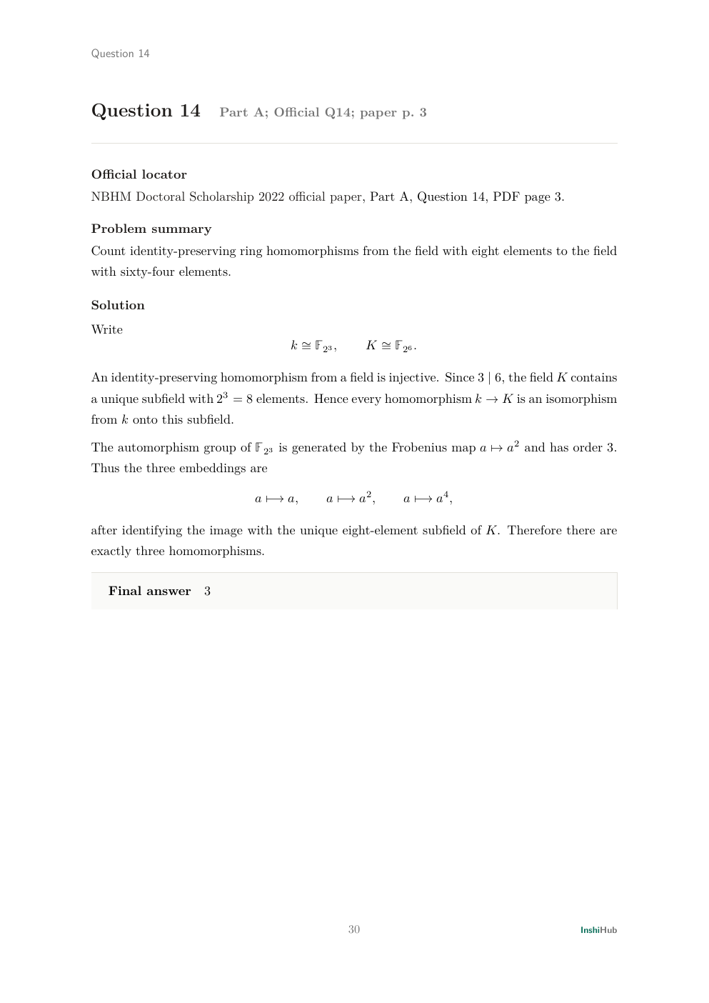 NBHM Doctoral 2022 Worked Solutions, preview page 3 of 6: Question 14 solution counting identity-preserving finite-field homomorphisms through Frobenius embeddings.