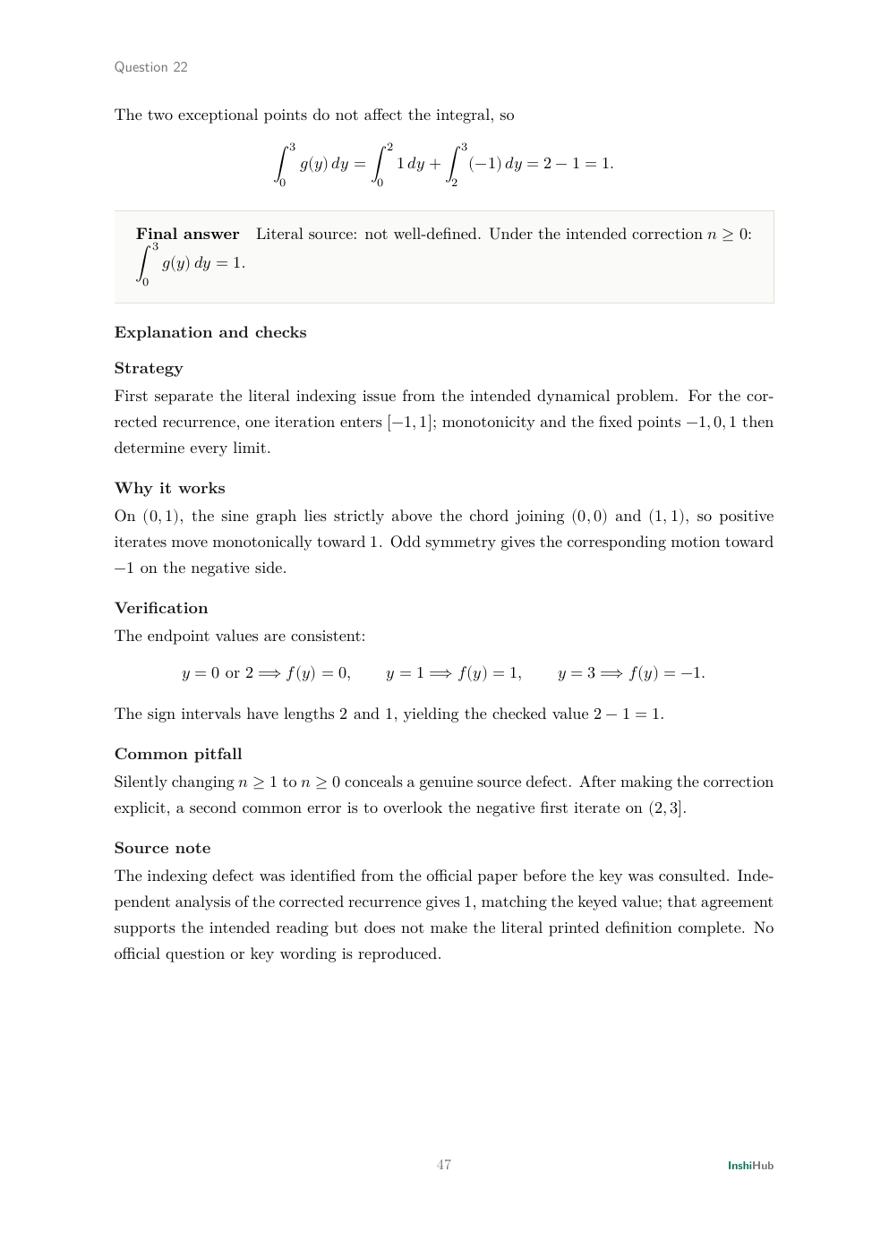 NBHM Doctoral 2022 Worked Solutions, preview page 4 of 6: Question 22 solution separating the literal indexing defect from the conditional zero-based iteration.