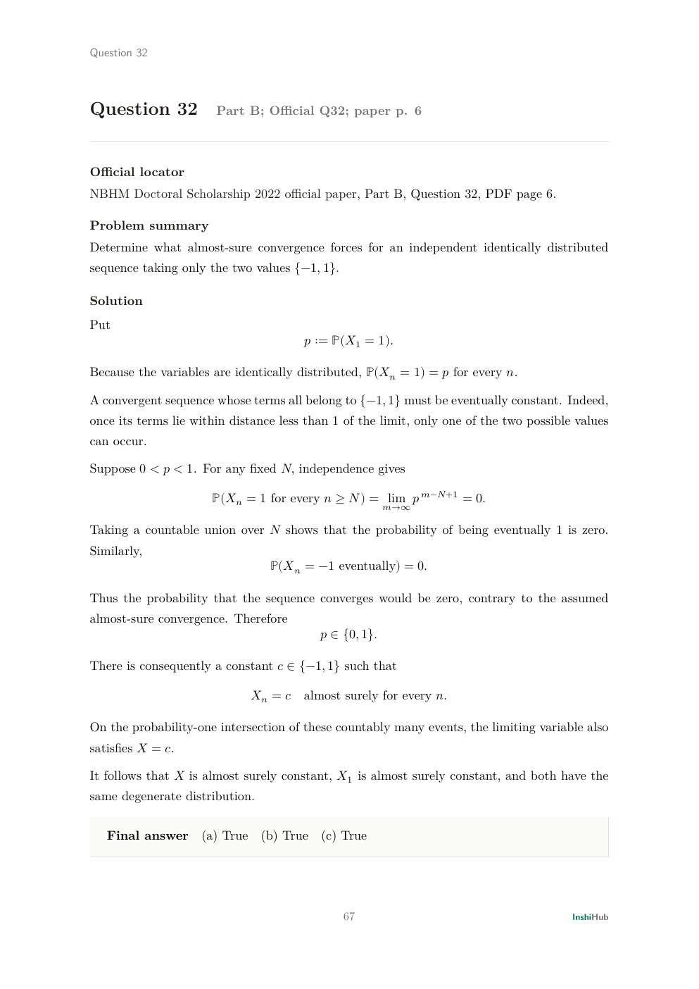 NBHM Doctoral 2022 Worked Solutions, preview page 6 of 6: Question 32 solution proving that almost-sure convergence forces an iid two-point sequence to be degenerate.
