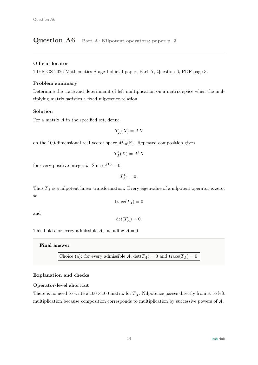 TIFR GS 2026 Mathematics Stage I — Independent Detailed Solutions, preview page 2 of 6: Part A Question 6 solution transferring matrix nilpotence to a 100-dimensional left-multiplication operator.