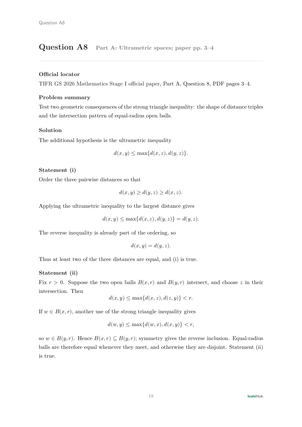 TIFR GS 2026 Mathematics Stage I — Independent Detailed Solutions, preview page 3 of 6: Part A Question 8 solution proving the equal-long-side and equal-or-disjoint-ball properties of ultrametrics.