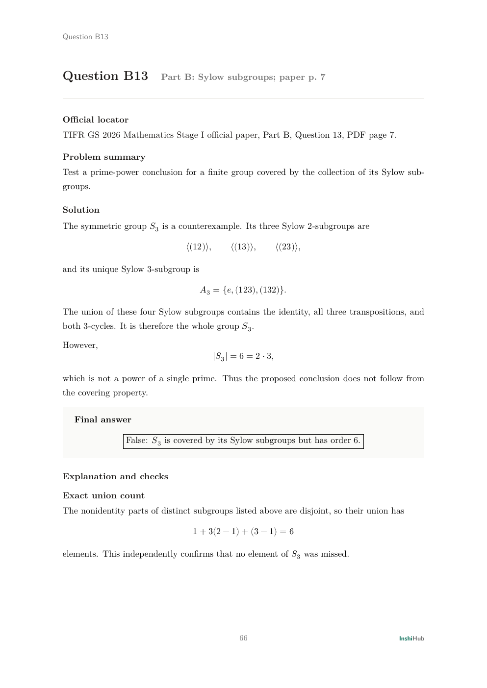 TIFR GS 2026 Mathematics Stage I — Independent Detailed Solutions, preview page 5 of 6: Part B Question 13 solution constructing and counting the Sylow-subgroup cover of the symmetric group S3.