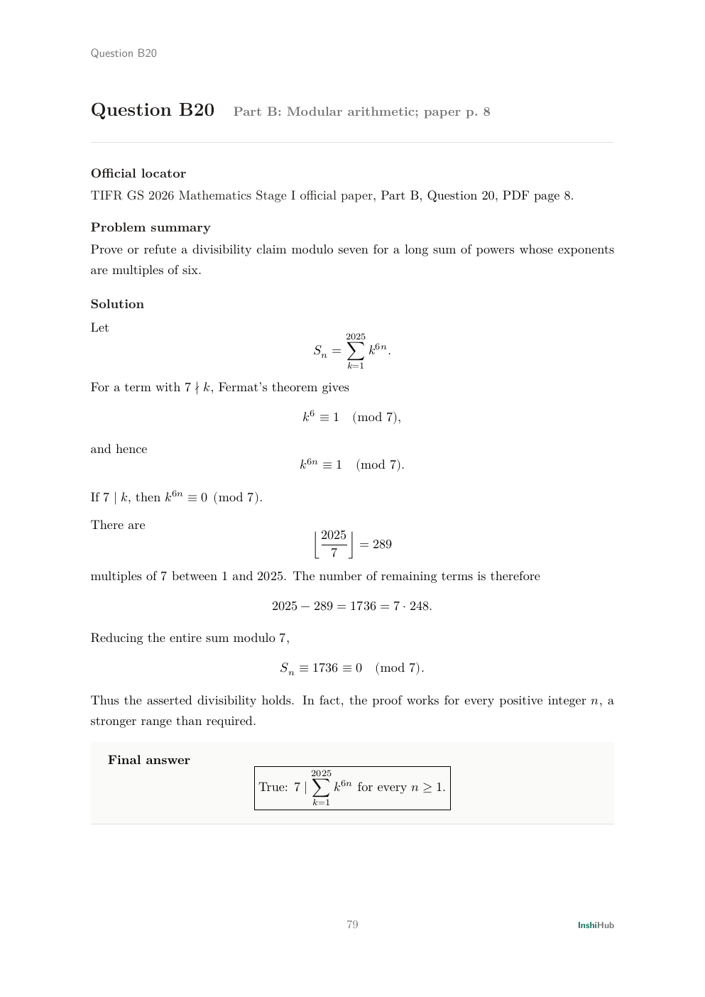 TIFR GS 2026 Mathematics Stage I — Independent Detailed Solutions, preview page 6 of 6: Part B Question 20 solution proving divisibility of a long power sum modulo seven by two independent counts.